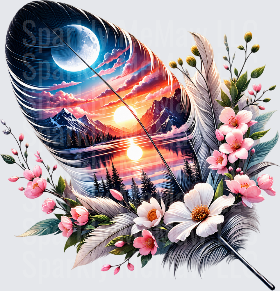 Feather Sunset Mountain Scene DTF Transfer for Fabrics
