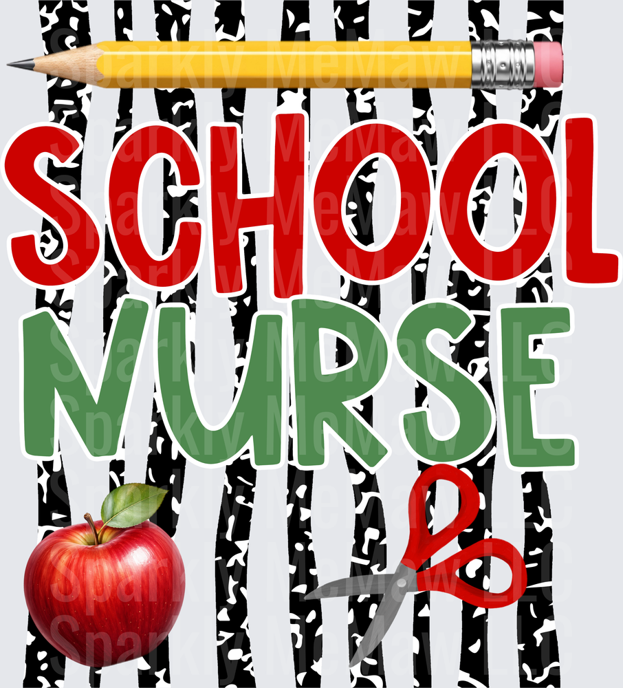 School Nurse DTF Transfer with Yellow Pencil Red Apple and Medical Scissors on Black White Abstract Background