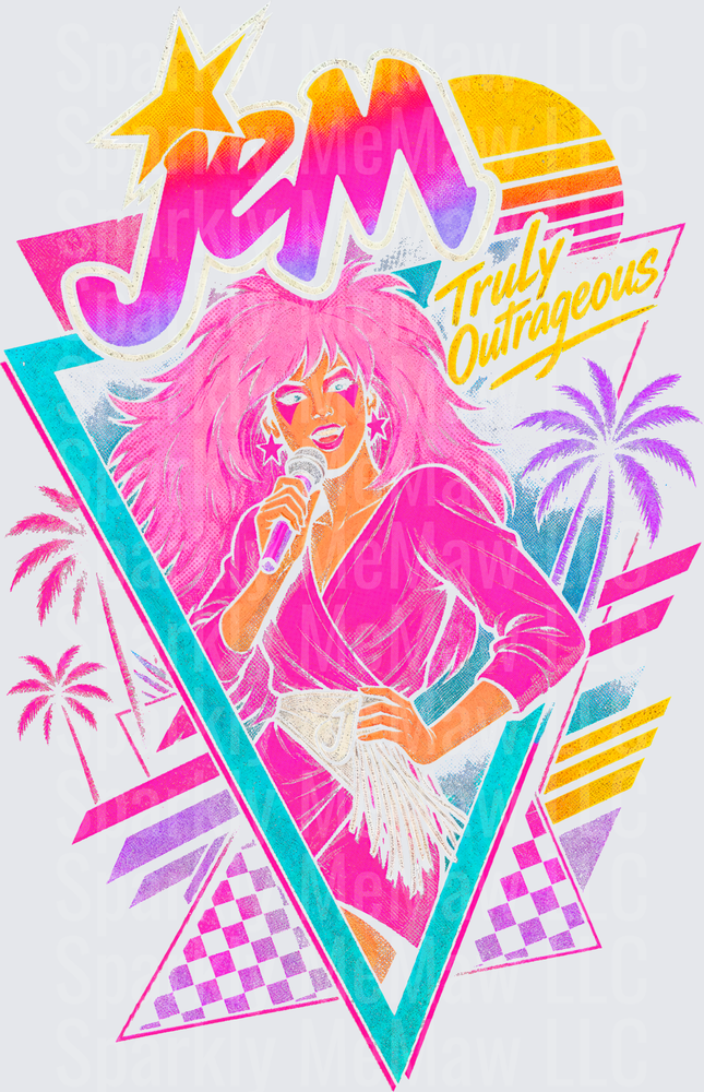 Jem Truly Outrageous 80s Retro Pop Star with Microphone Neon Geometric Palm Tree Design DTF Transfer for Fabrics