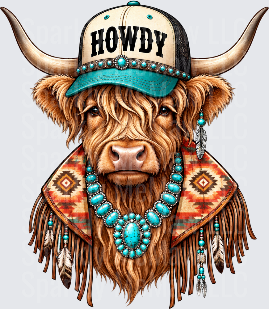 Howdy Highland Cow Western Boho is a DTF Transfer for Fabrics