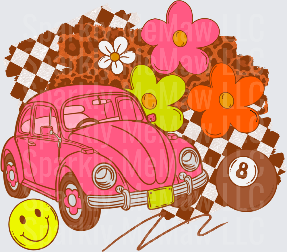 Retro Pink Volkswagen Beetle with Groovy Flowers and Smiley Face UV DTF Decal