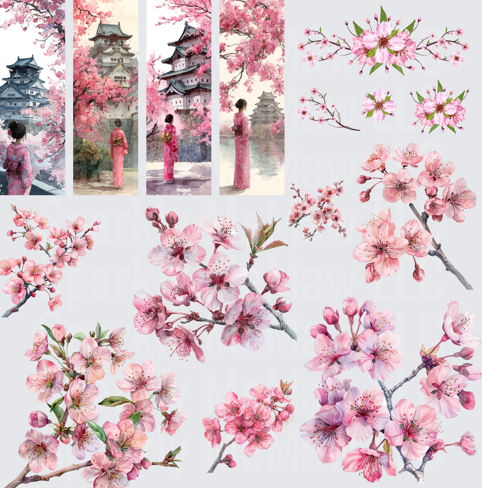 Watercolor Japanese Cherry Blossom Kimono Sheet – 10x10 Inch Sheet