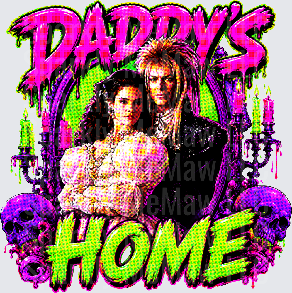 Daddy's Home Labyrinth Jareth and Sarah Neon Gothic Skull Candelabra Design DTF Transfer for fabrics