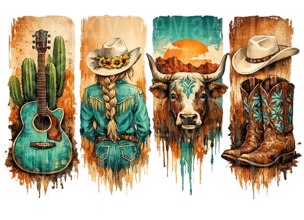 Western Country Four Panel Guitar Cowgirl Bull Boots Design UV DTF Decal