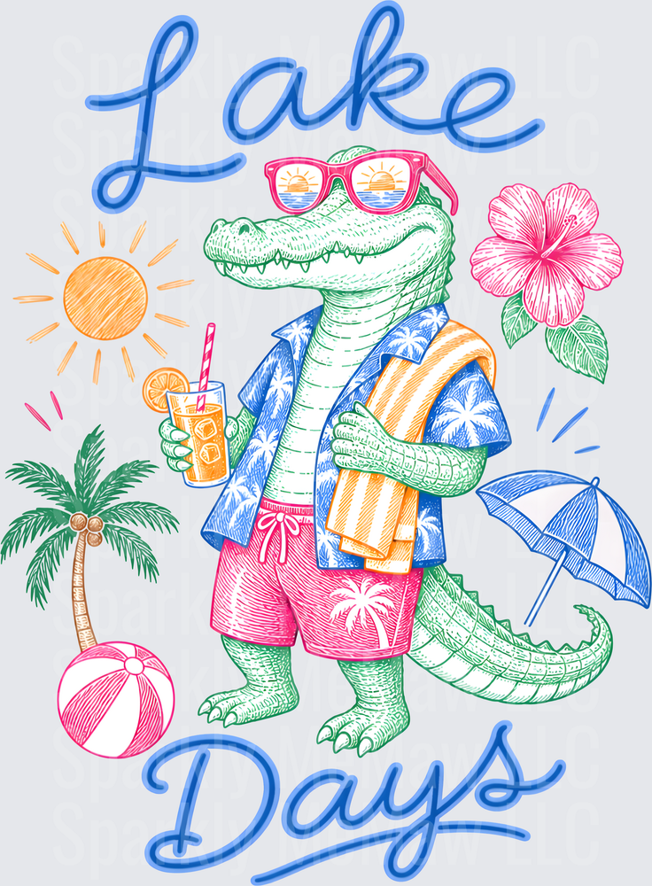 Lake Days Alligator in Sunglasses Hawaiian Shirt Beach Vacation DTF Transfer for Fabric