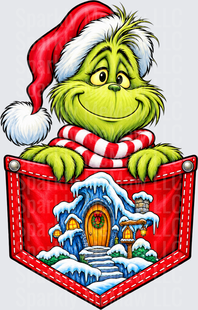 Grinch Pocket Christmas Cave DTF Transfer for Fabrics