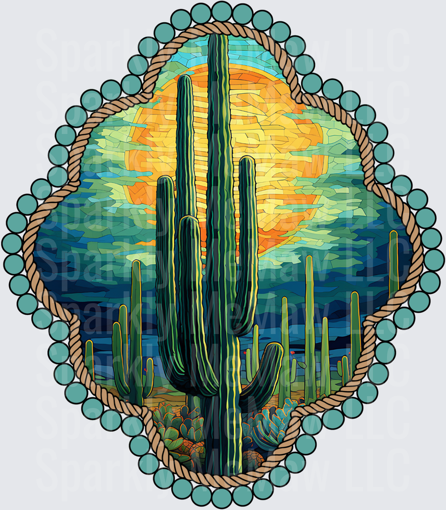 Southwestern Desert Saguaro Cactus Sunset Turquoise Border UV DTF Decal