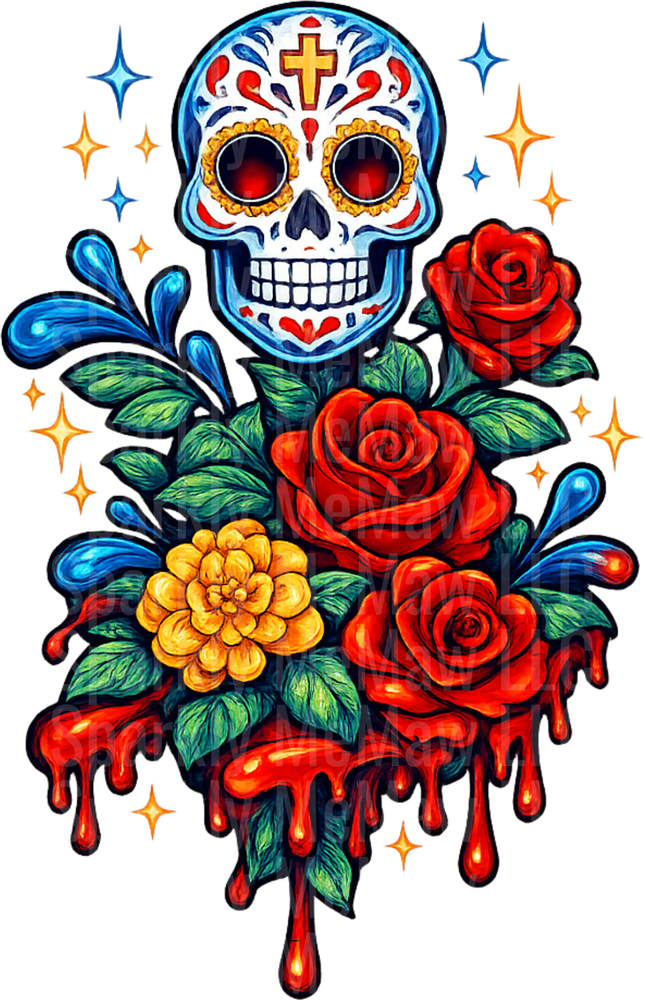 Day of the Dead Sugar Skull with Red Roses and Blood Drips UV DTF Decal