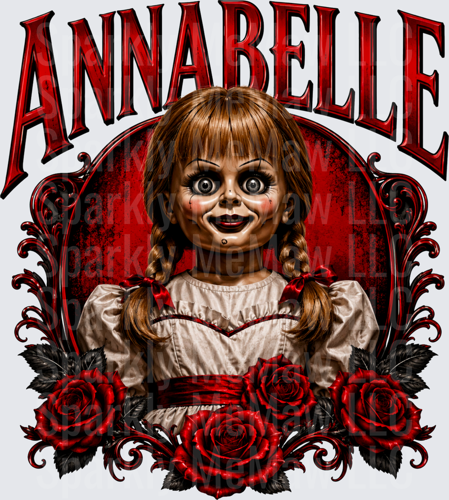 Annabelle Horror Doll UV DTF Decal with Red Roses and Gothic Ornate Frame