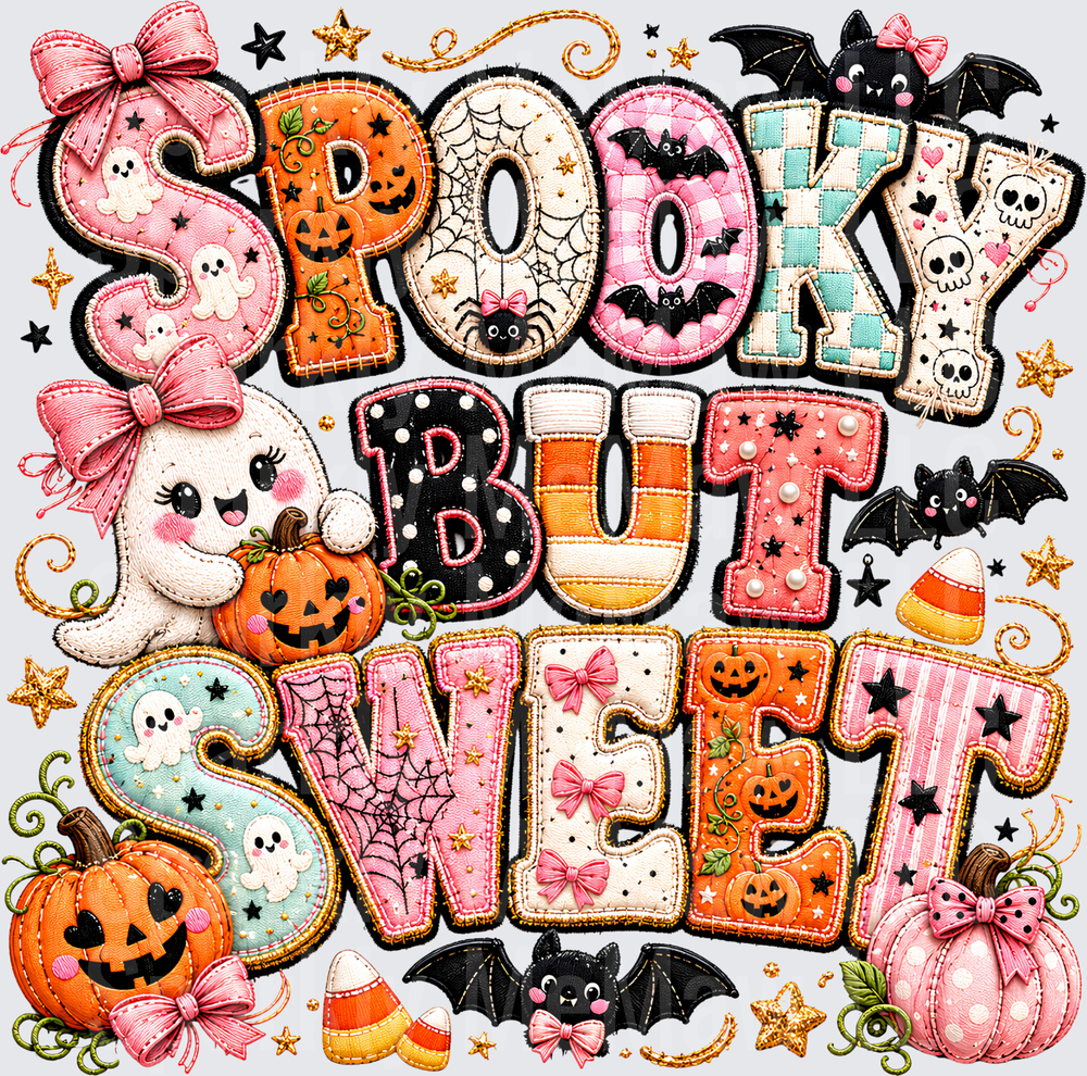 Spooky But Sweet Girly Halloween Embroidered Patch Style Design with Ghosts Bats Pumpkins and Candy Corn UV DTF Decal