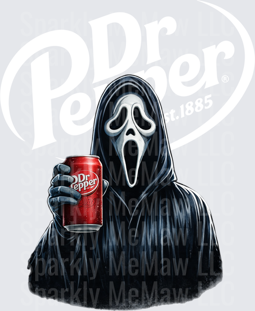 Ghostface Scream Horror Mask Figure Holding Dr Pepper Can UV DTF Decal