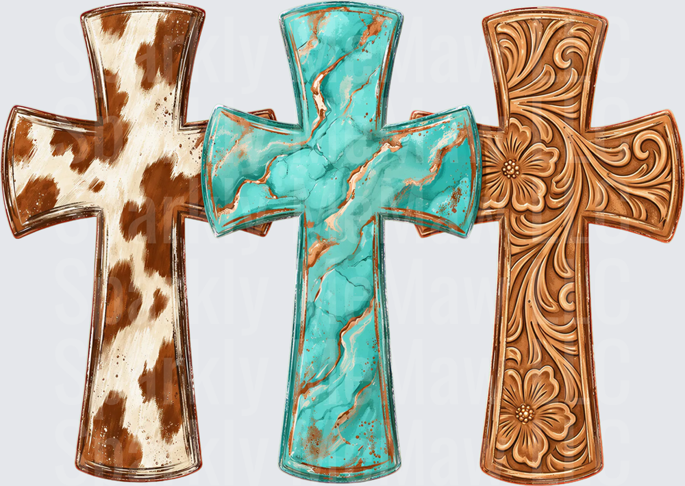 Triple Western Cross Cowhide Turquoise Stone Tooled Leather Floral UV DTF Decal