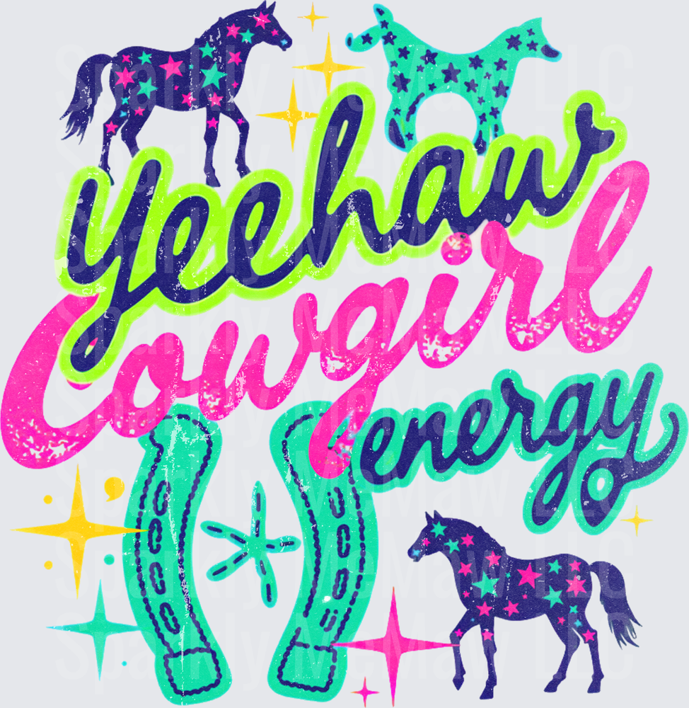 Yeehaw Cowgirl Energy Retro Neon Script with Star-Filled Horses and Lucky Horseshoes UV DTF Decal