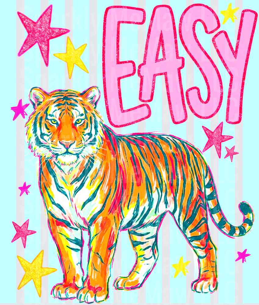 Colorful Illustrated Tiger with Bold Pink EASY Text and Stars on Striped Background DTF Transfer for Fabrics