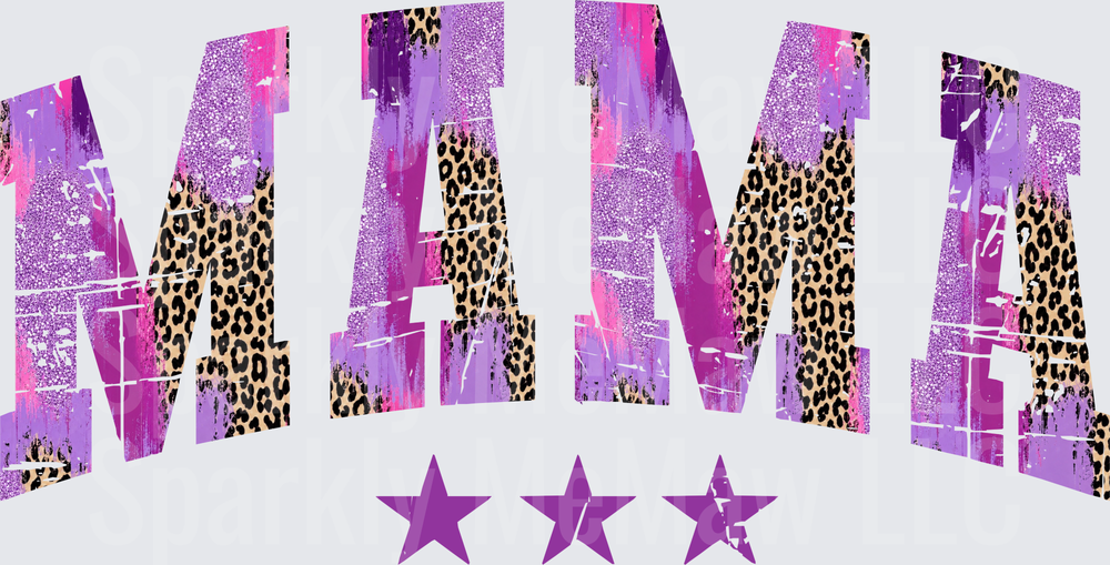 MAMA Purple Pink Glitter Leopard Print Letters with Stars DTF Transfer