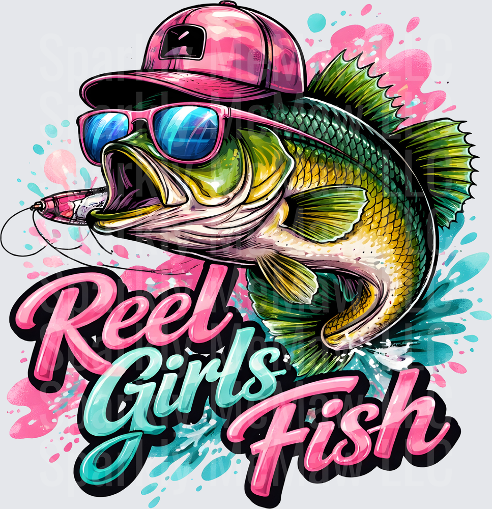 Cool Bass Fish Wearing Sunglasses and Pink Cap with Reel Girls Fish Text