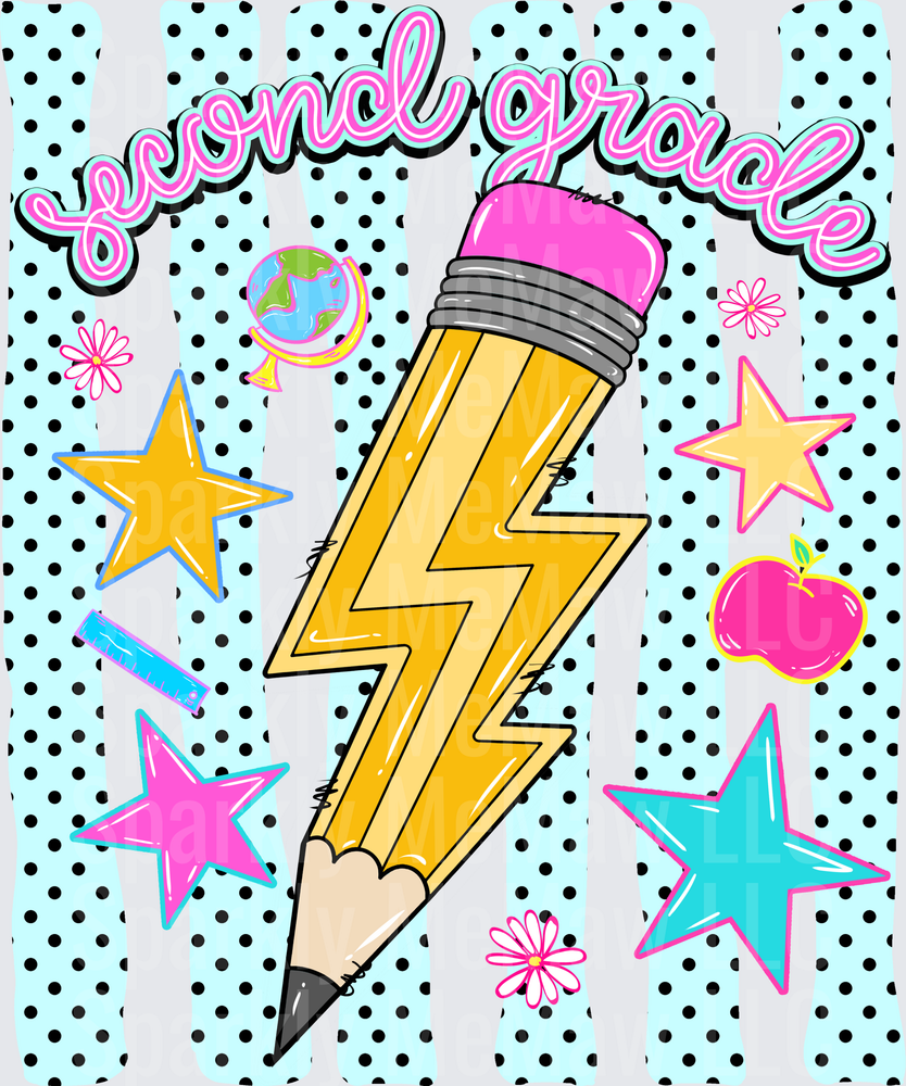 Second Grade Lightning Bolt Pencil with Stars Apple and Globe School DTF Transfer for Fabric