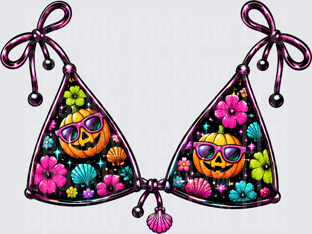 Halloween Pumpkin Sunglasses Bikini Top with Tropical Hibiscus Flowers and Seashells DTF Transfer