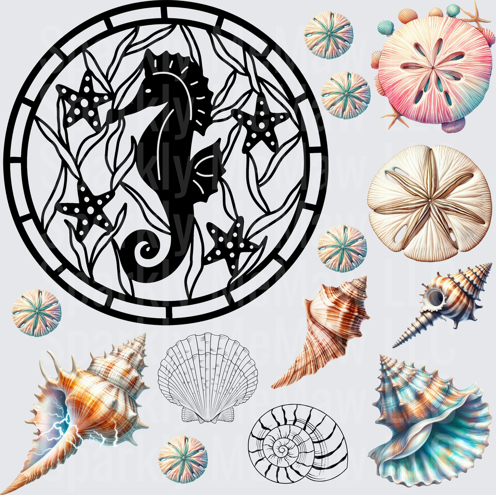 Coastal Seahorse Shells Bundle 10x10 inch sheet