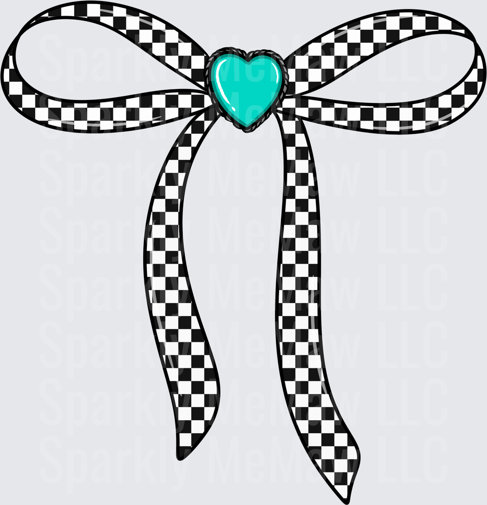 Checkered Racing Bow with Turquoise Heart Center