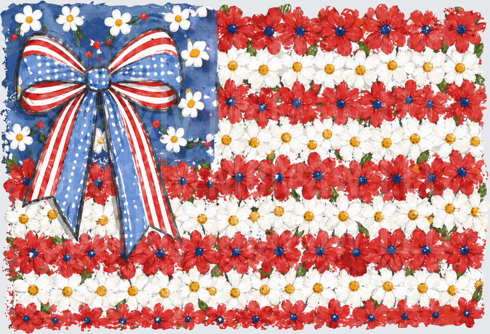 Patriotic Floral American Flag with Red White Blue Bow UV DTF Decal
