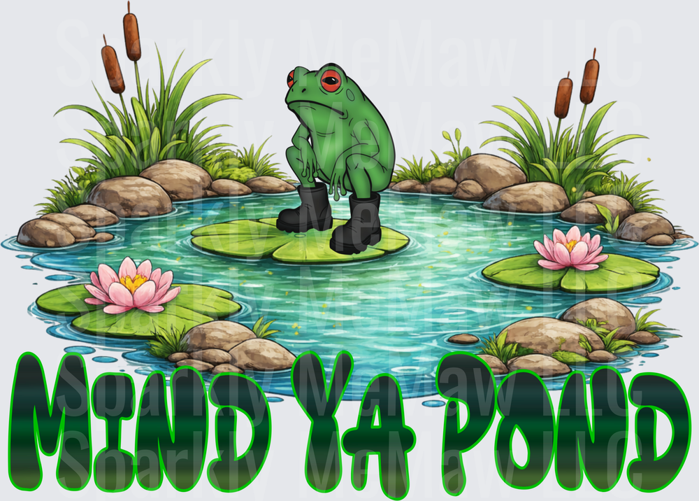 Mind Ya Pond Frog in Boots Sitting on Lily Pad with Cattails and Water Lilies DTF Transfer