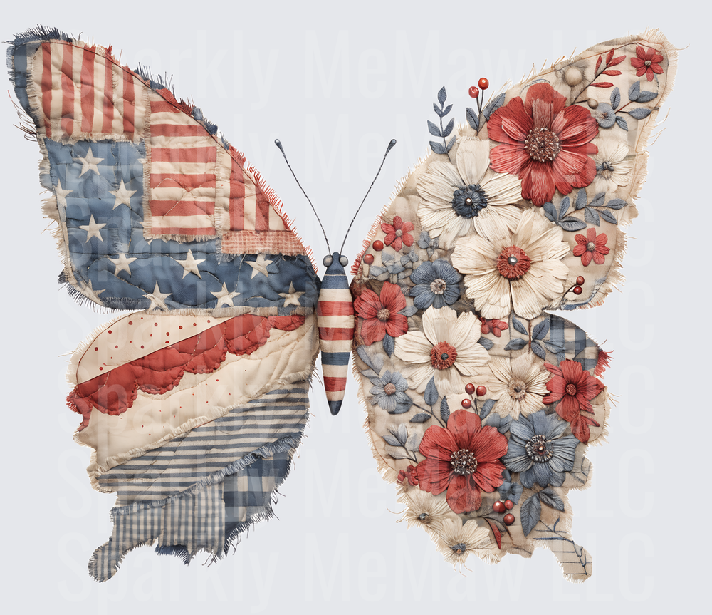 Vintage American Flag Butterfly with Patchwork Floral Wings