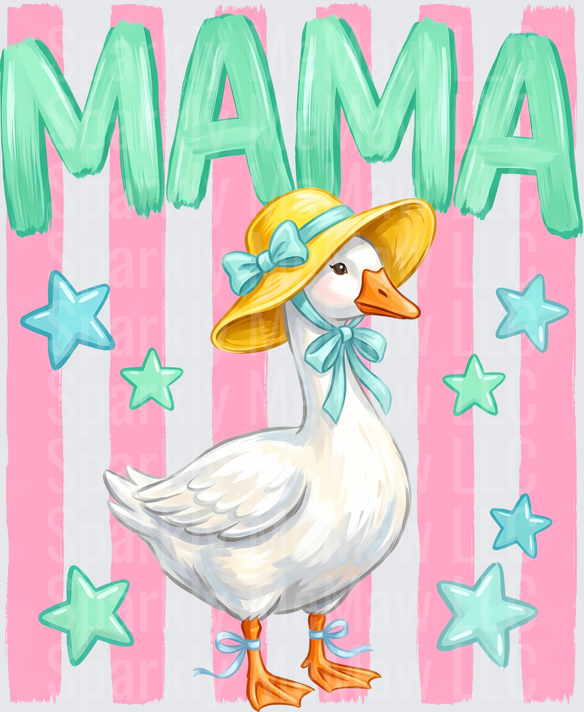 MAMA White Goose in Yellow Bonnet Pink Striped Background Stars UV DTF Decal