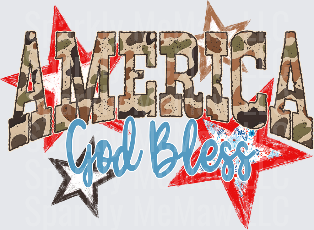 God Bless America Camo Letters Patriotic Stars UV DTF Decal