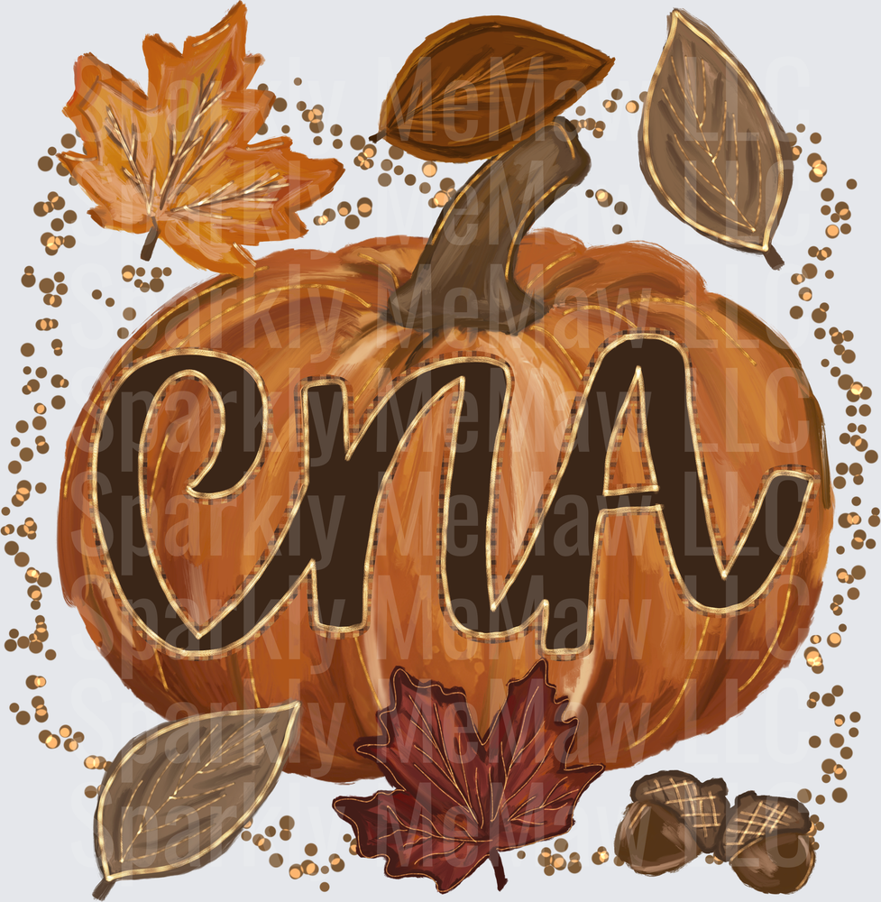 Fall Harvest Pumpkin CNA Autumn Leaves Acorns Gold Confetti DTF Transfer (fabrics)