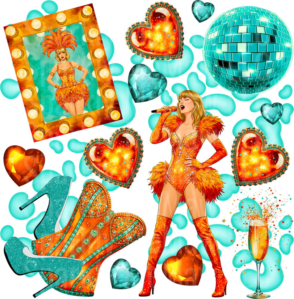 Glam Pop Star with Disco Ball Hearts High Heels and Champagne UV DTF Decal