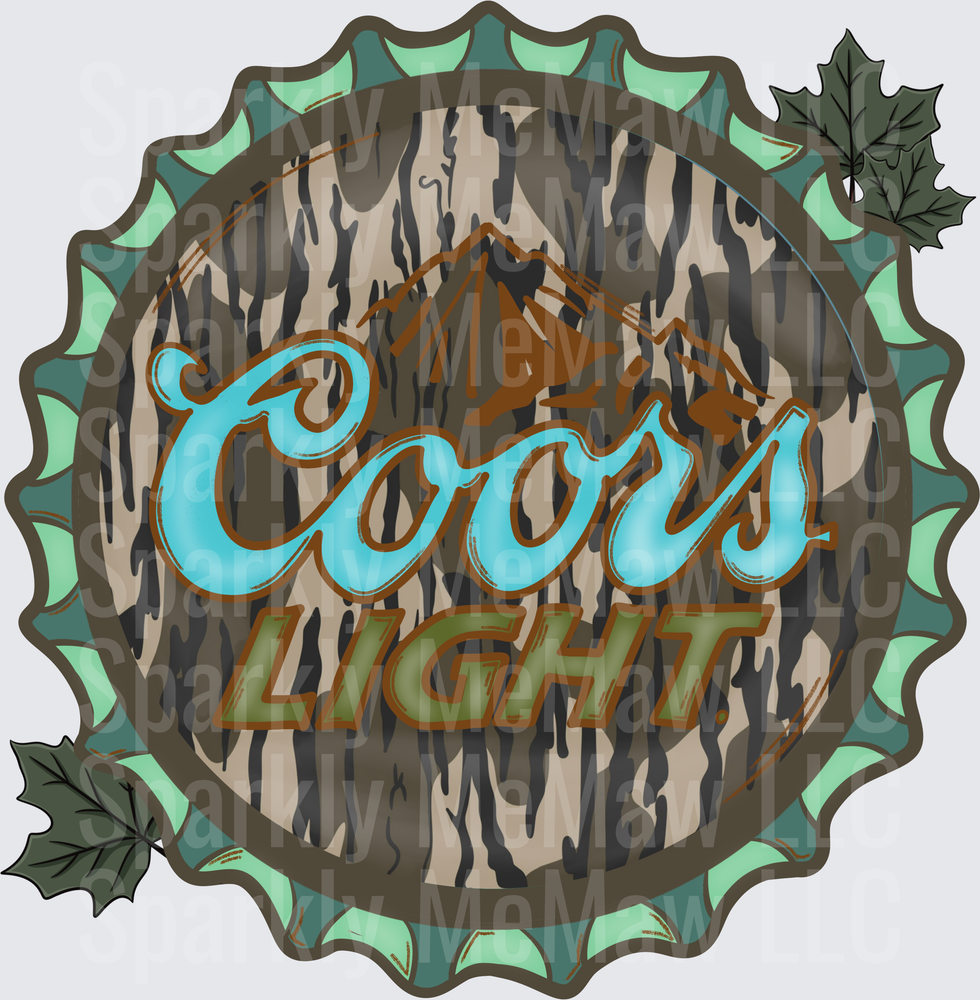 Coors Light Beer Logo with Camouflage Mountain Design and Holly Leaves DTF Transfer
