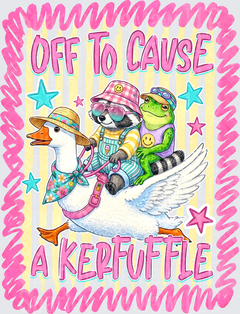 Off To Cause A Kerfuffle Funny Animals Riding Goose with Duck Raccoon and Frog DTF Transfer