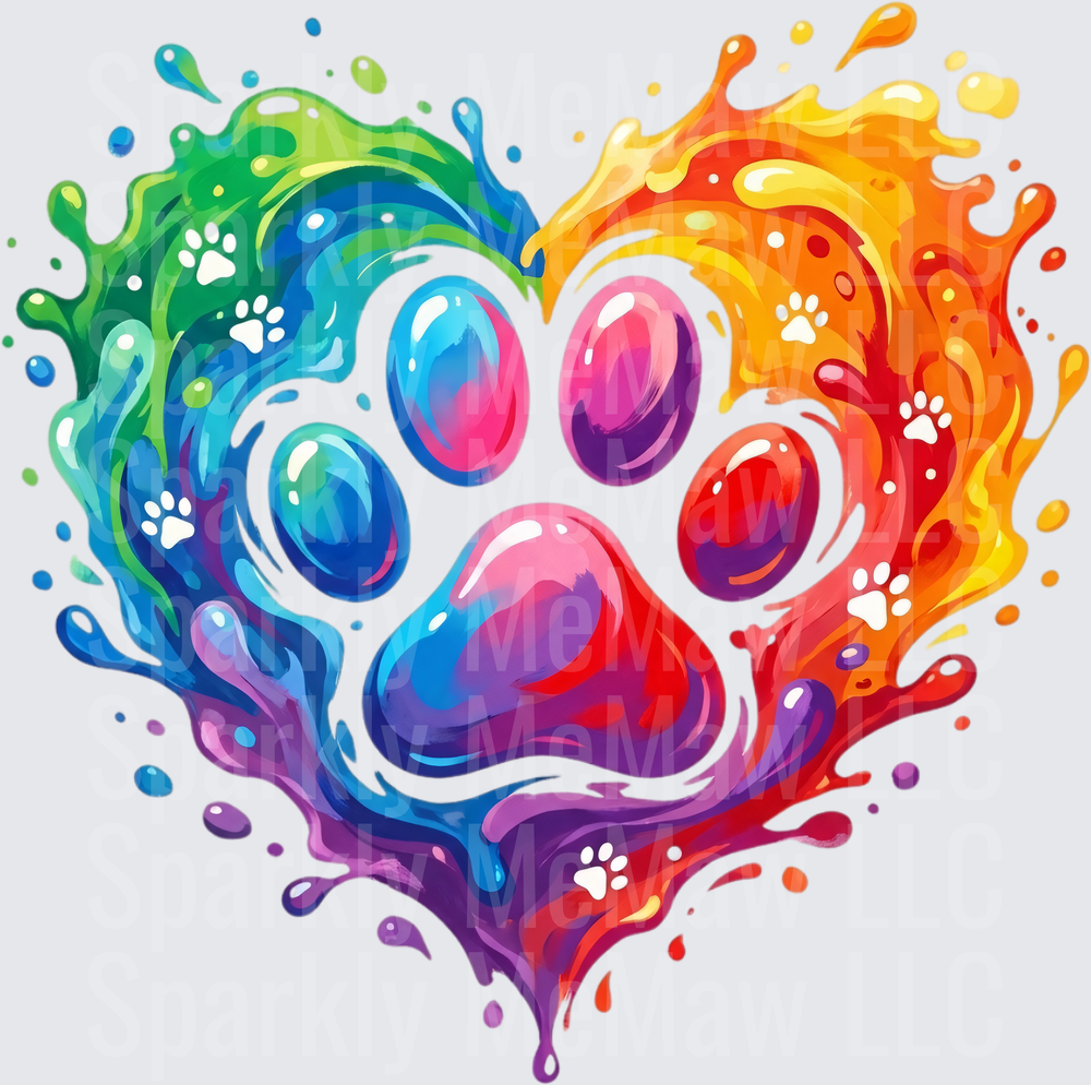 Rainbow Paint Splash Dog Paw Print Heart with White Paw Prints UV DTF Decal