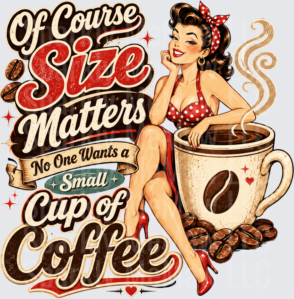 Of Course Size Matters No One Wants a Small Cup of Coffee Pin-Up Girl DTF Transfer for Fabric