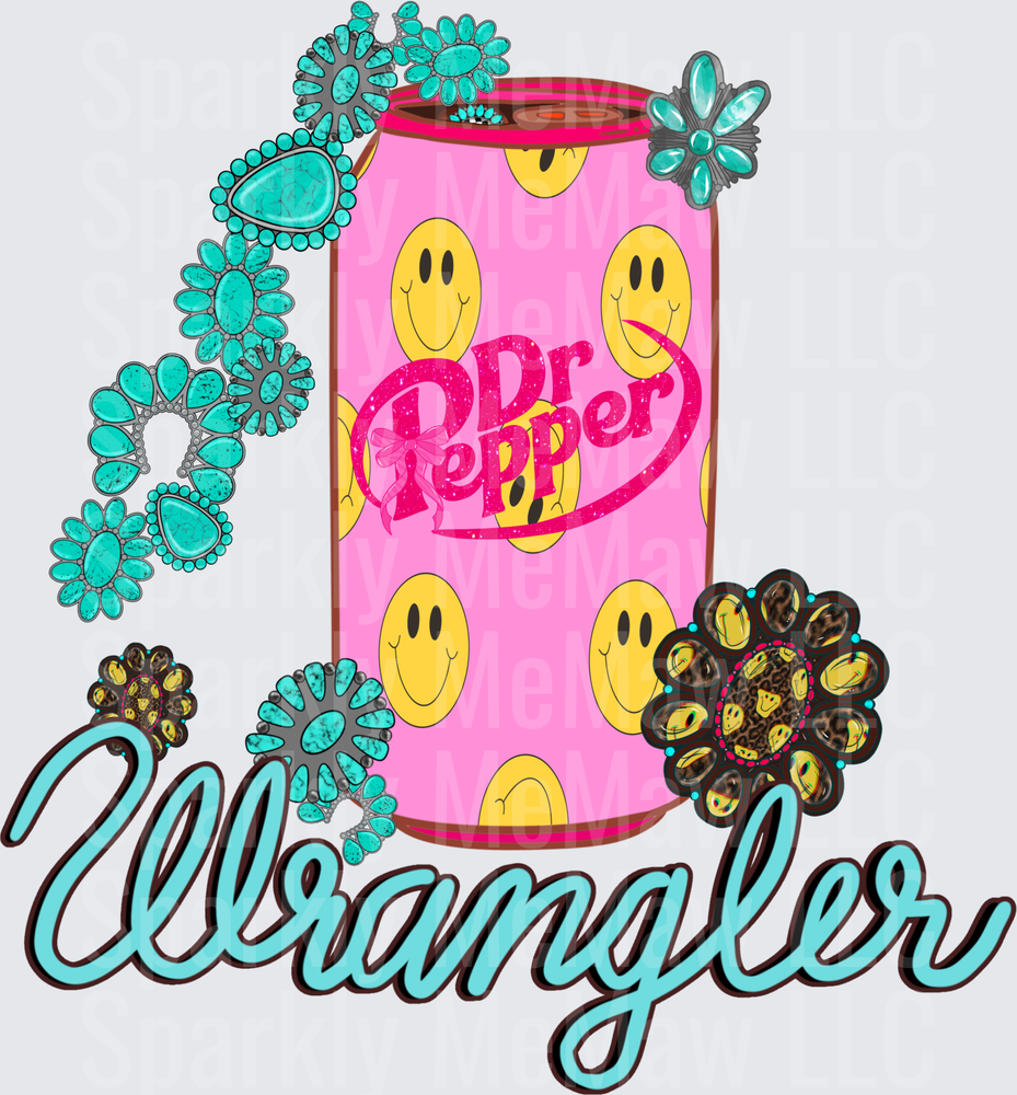 Retro Dr Pepper Can with Smiley Faces and Turquoise Flowers Glamber DTF Transfer for Fabric