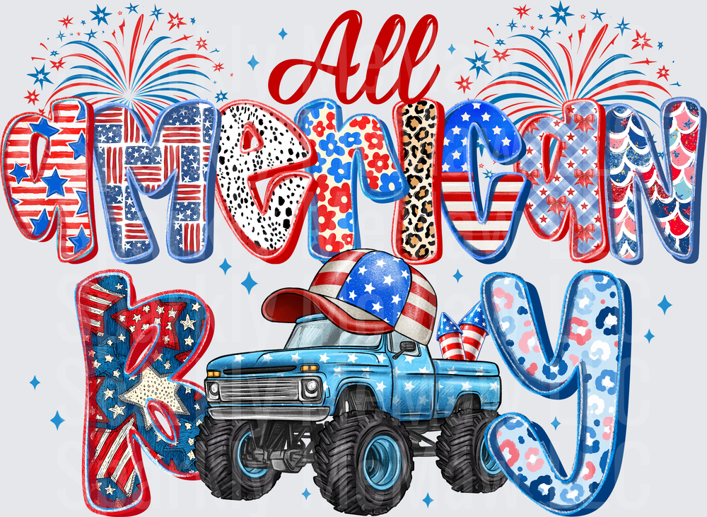 All American Boy Patriotic Monster Truck 4th of July Red White Blue Fireworks Mixed Pattern Letters UV DTF Decal