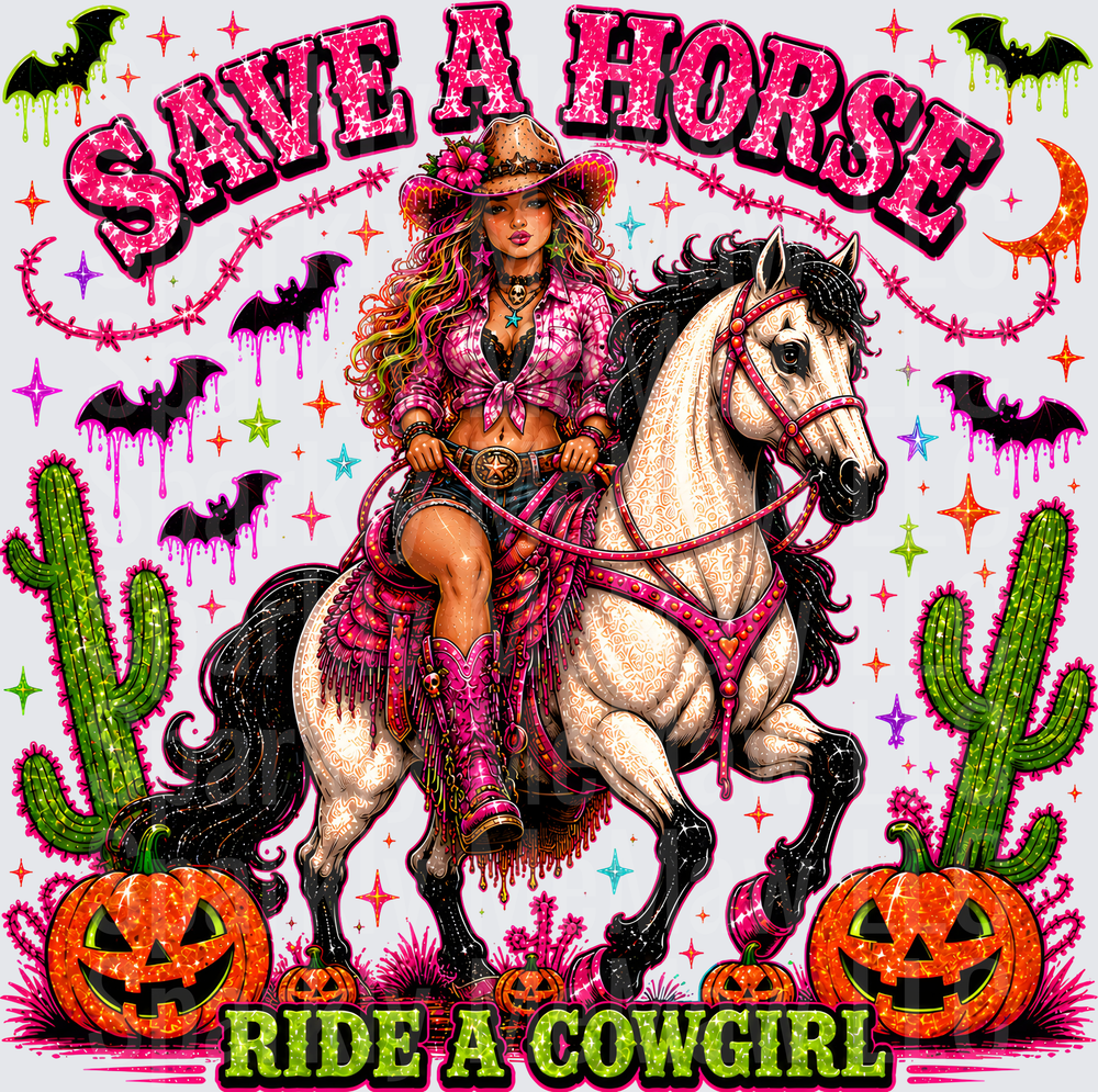 Save A Horse Ride A Cowgirl Halloween Western Woman on Horse with Pumpkins and Bats UV DTF Decal