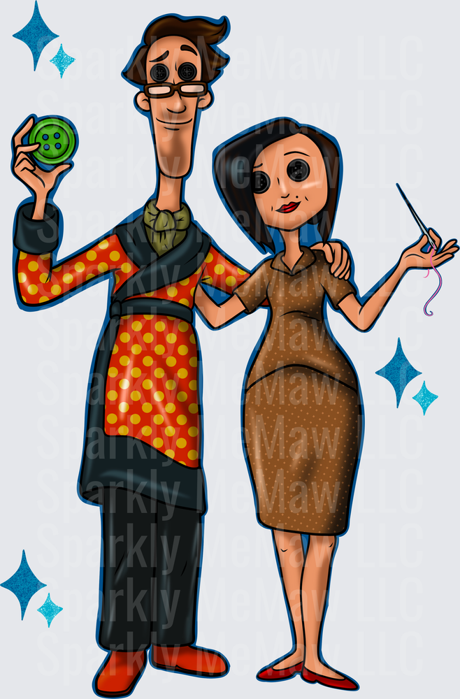 Coraline Other Mother and Other Father Button Eyes Duo with Needle and Thread DTF Transfer for Fabrics