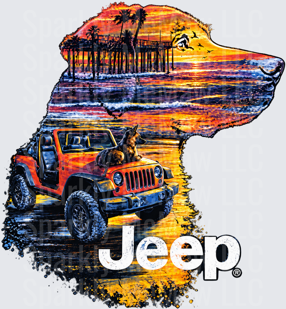Jeep Wrangler Beach Dog Sunset is a DTF Transfer for Fabrics