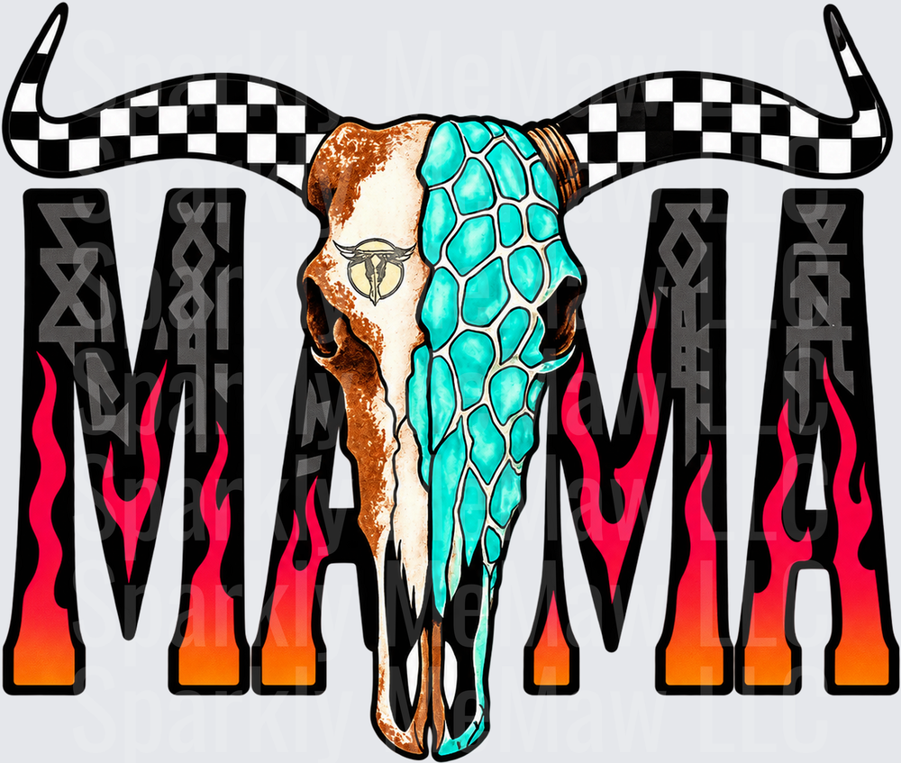 Mama Bull Skull Flame Design UV DTF DECAL (HARD SMOOTH SURFACE)