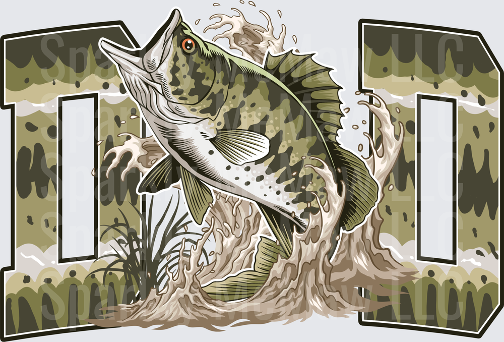 Largemouth Bass Jumping Out of Water with Camouflage Background DTF Transfer for Fabric