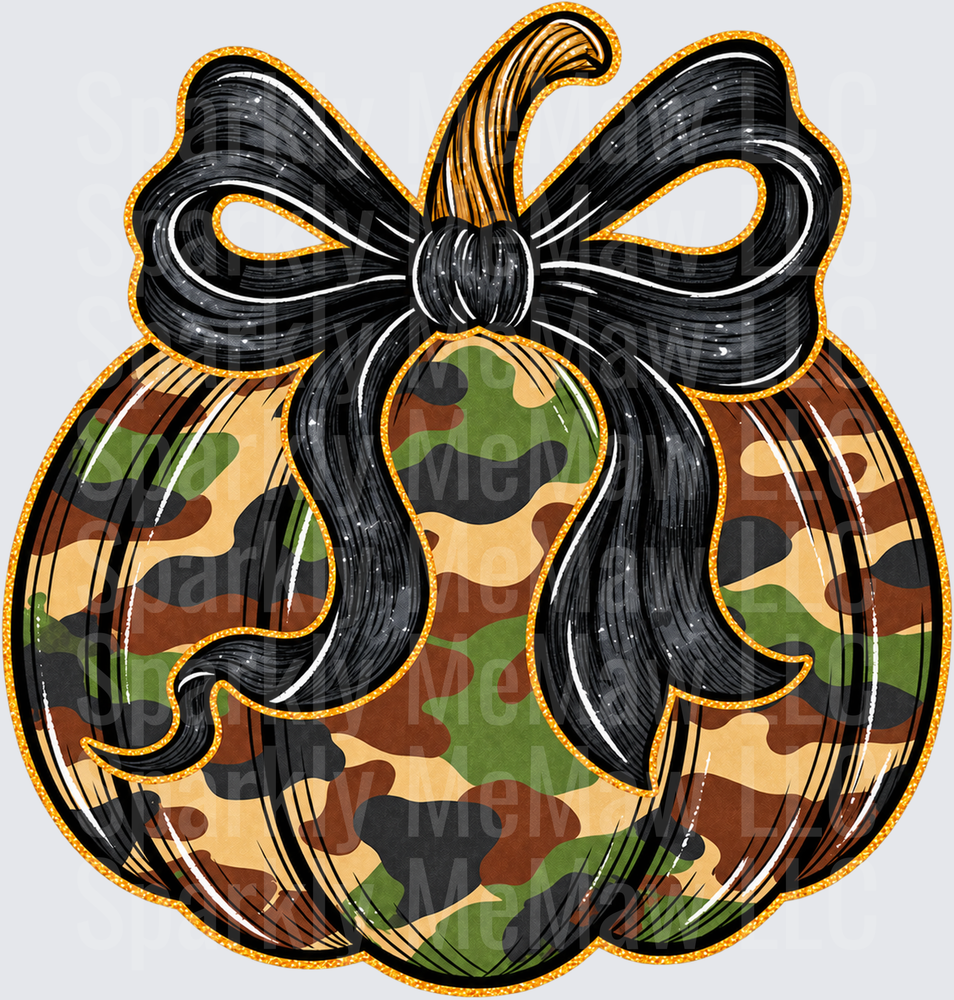 Camo Pumpkin Black Bow UV DTF Decal