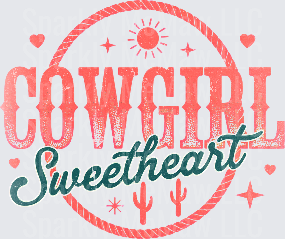 Cowgirl Sweetheart Western Rope Circle Sun Cactus Hearts Distressed Vintage DTF Transfer for fabric