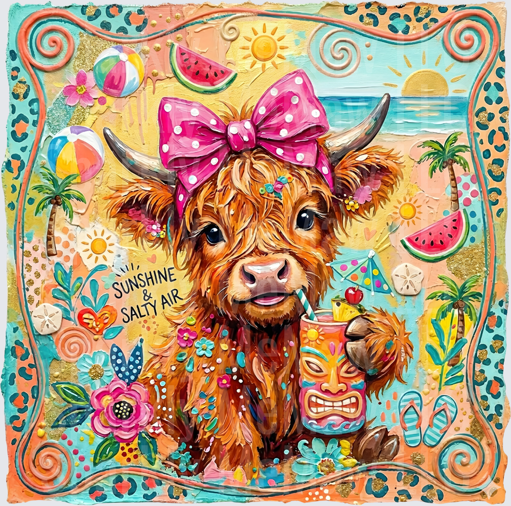 Summer Highland Cow with Pink Polka Dot Bow Beach Paradise DTF Transfer for Fabric