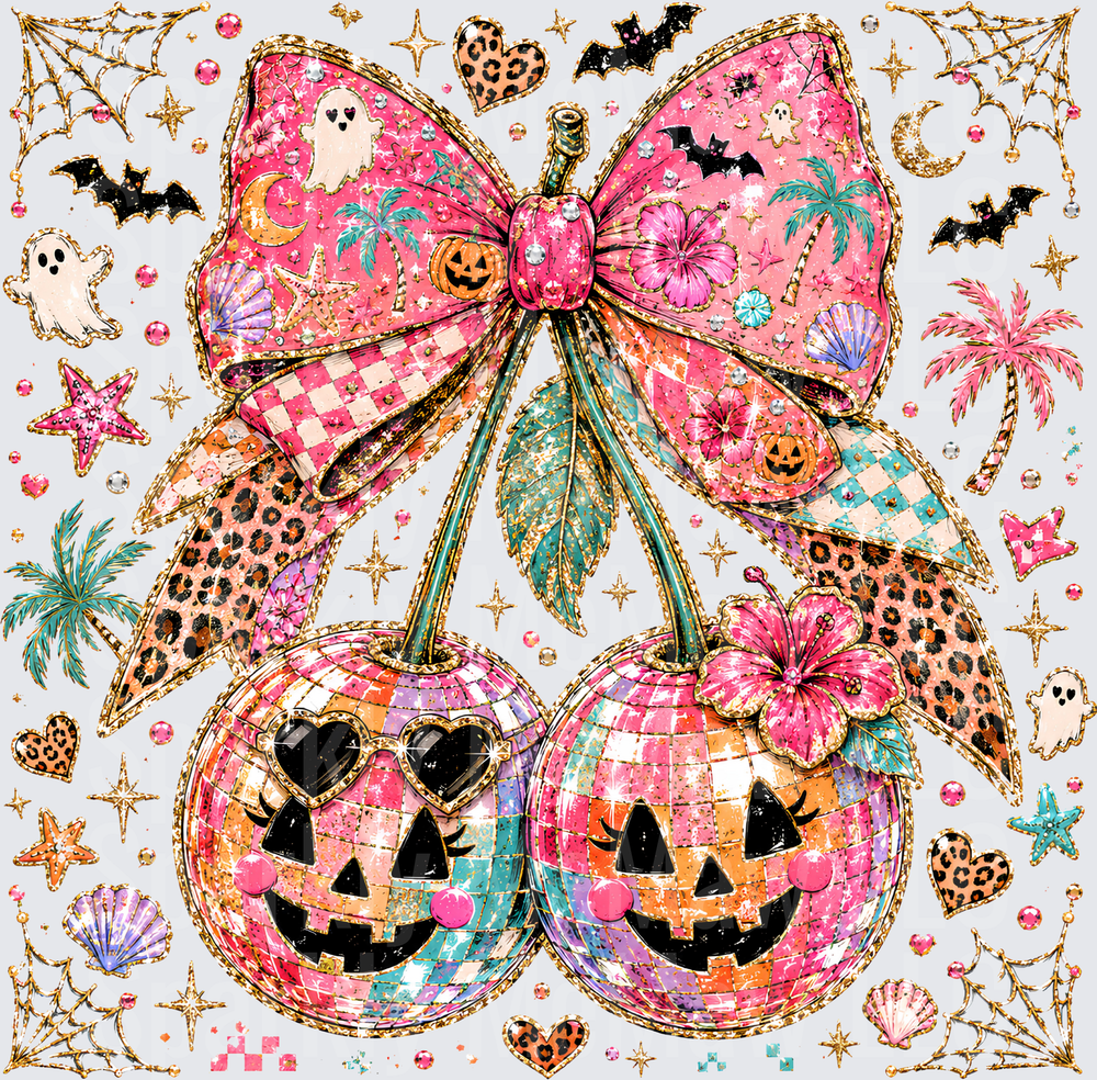 Disco Ball Jack-O-Lantern Cherry Coquette Bow Halloween Glam UV DTF Decal