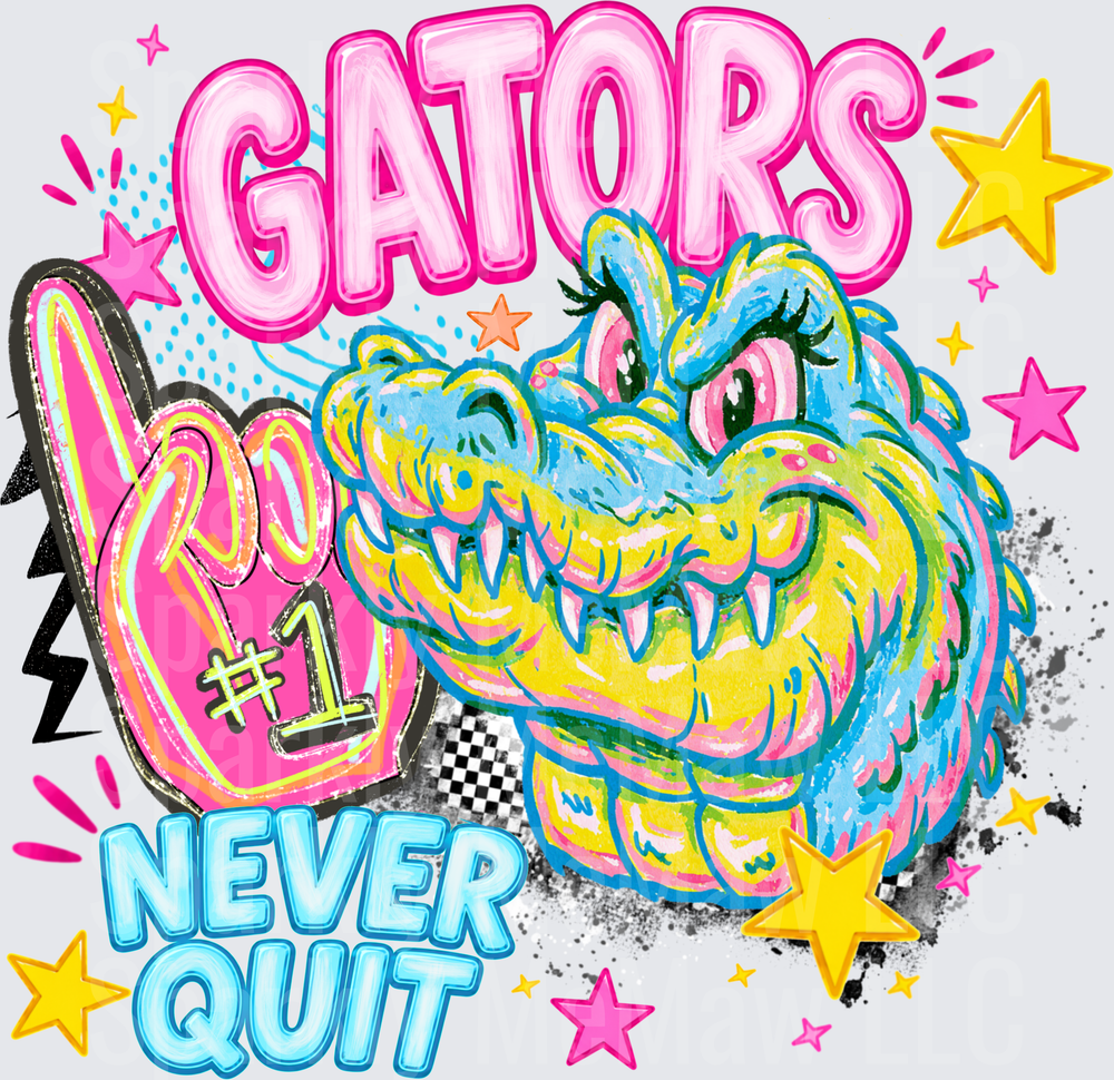 Gators Never Quit Colorful Alligator Mascot DTF Transfer for Fabric