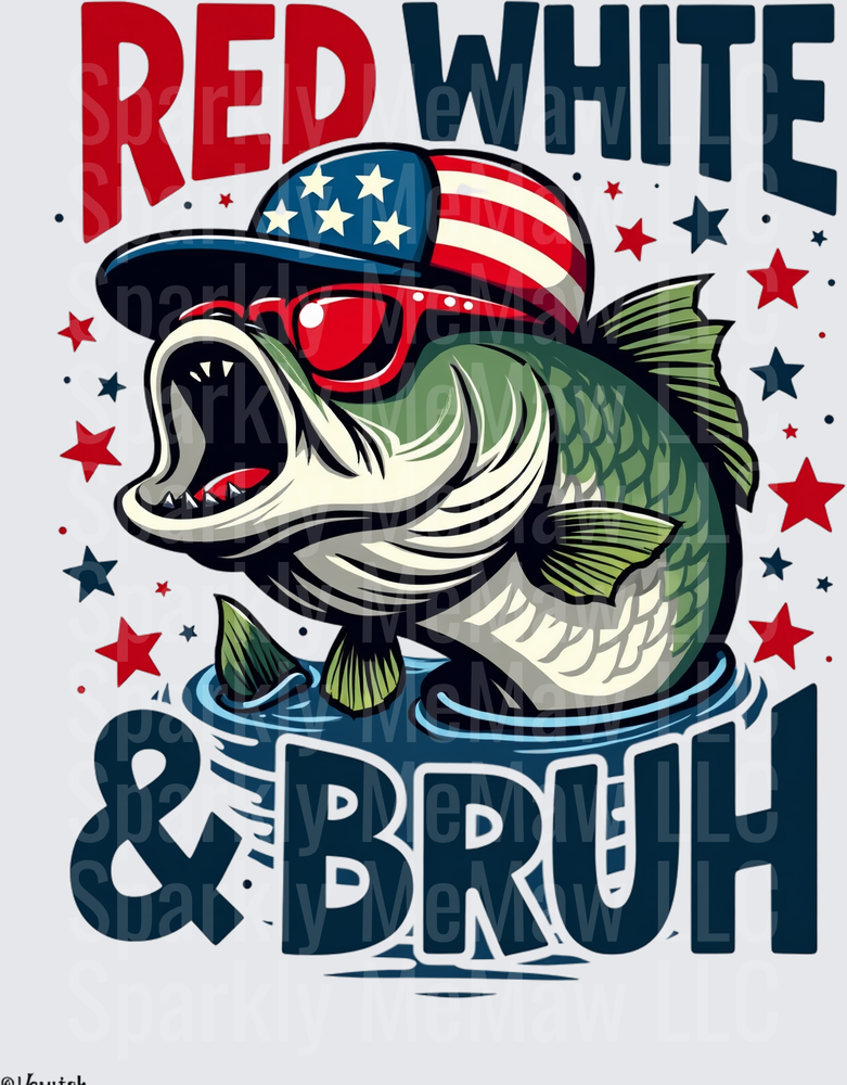 Red White and Bruh Bass Fish with American Flag Hat and Sunglasses