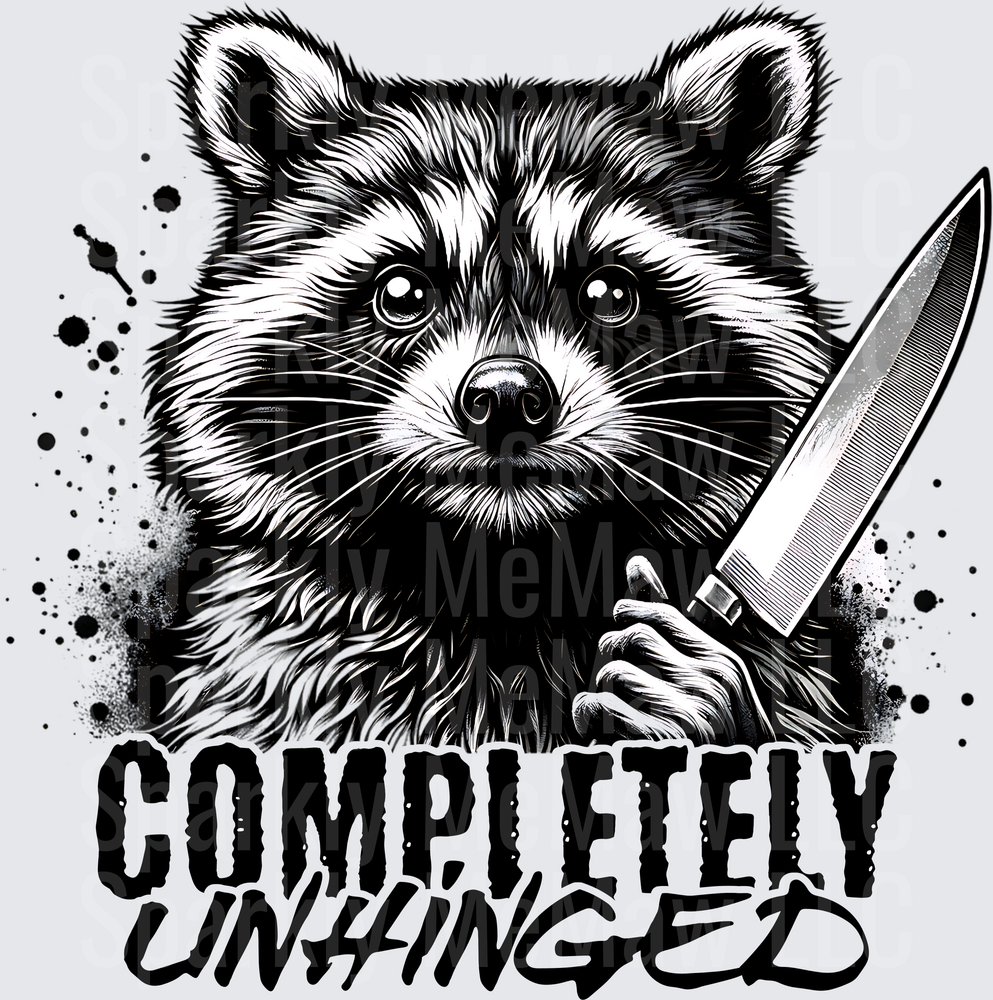 Completely Unhinged Raccoon with Knife Black and White Design UV DTF Decal