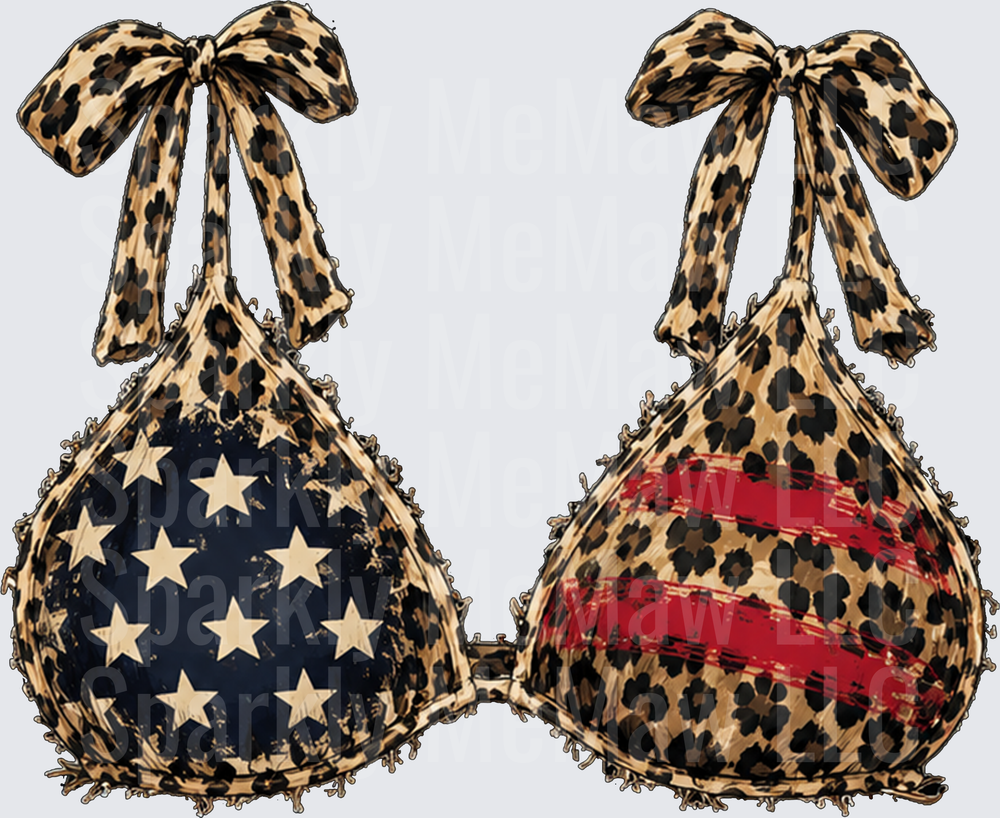 Leopard Print American Flag Bikini Top with Bow Ties DTF Transfer for Fabric